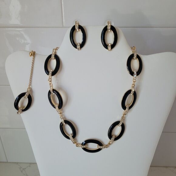 3 Pc Set Black Enamel Gold Tone Link Necklace Set Rhinestone Chunky 16-19" Vtg - Picture 16 of 16